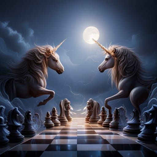 Unicorn Chess Match: Epic Digital Matte Painting