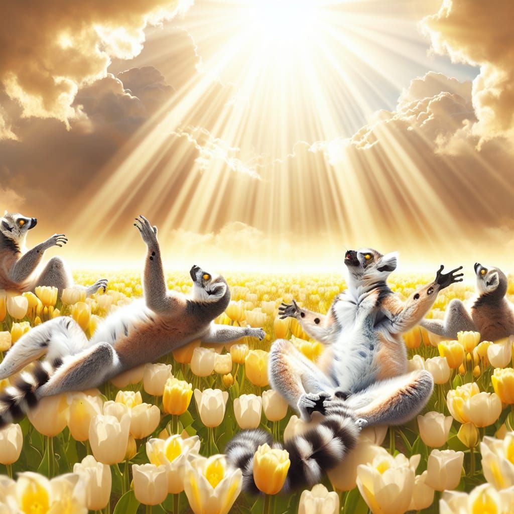 Lemurs Basking in a Tulip Field Under Divine Light