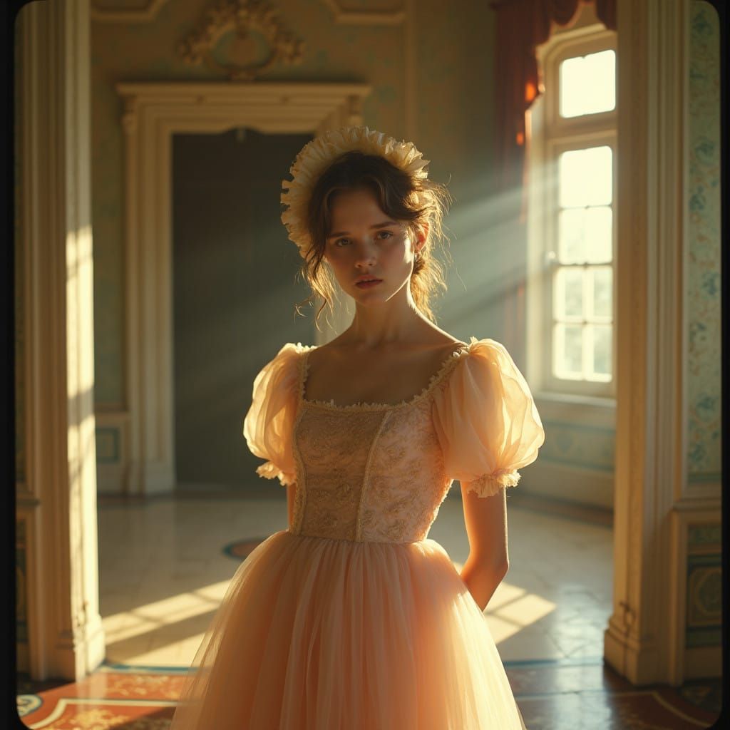 Embarrassed Young Man in Tulle Dress and Bonnet