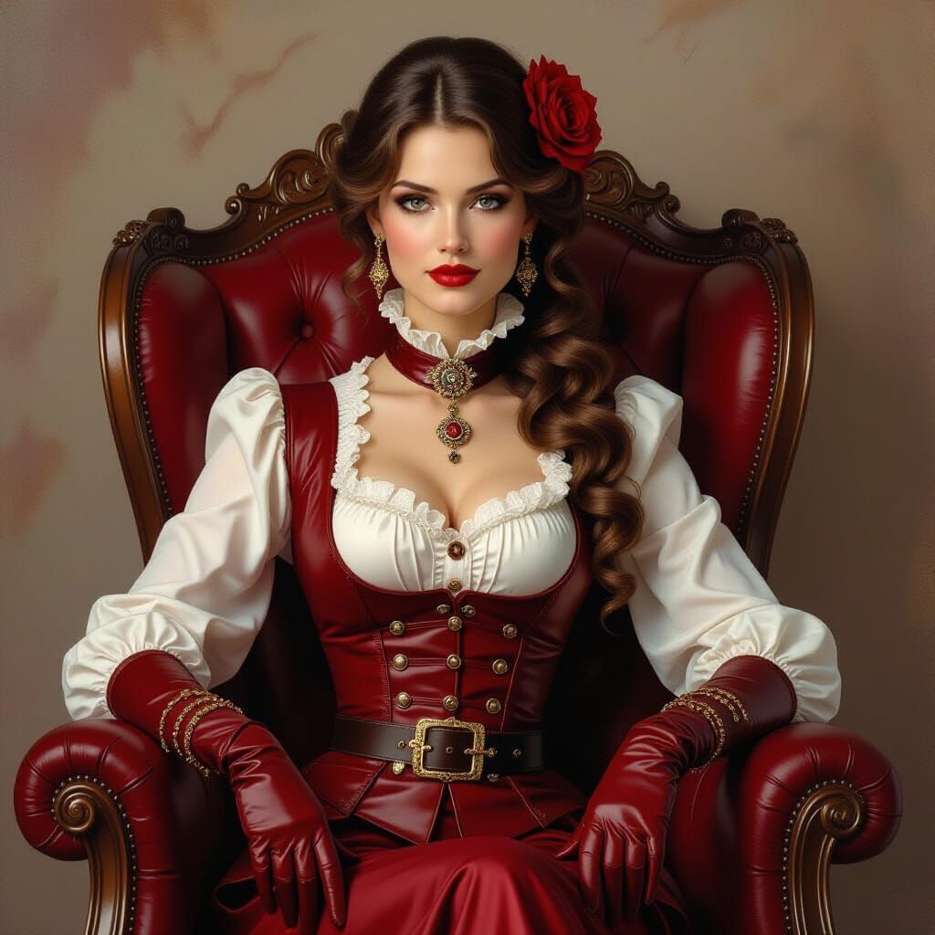 Elegant Victorian Steampunk Lady in Red Leather Outfit