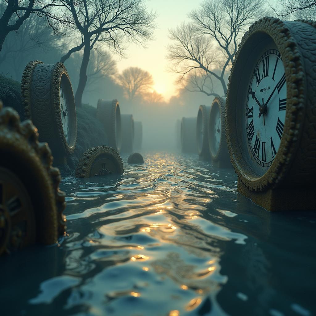 Surreal Twilight River of Melting Clocks