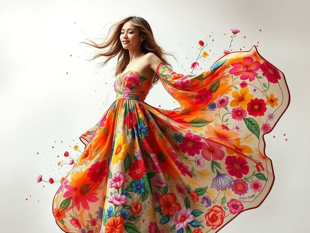 Woman in Floral Dress with Flowing Paint