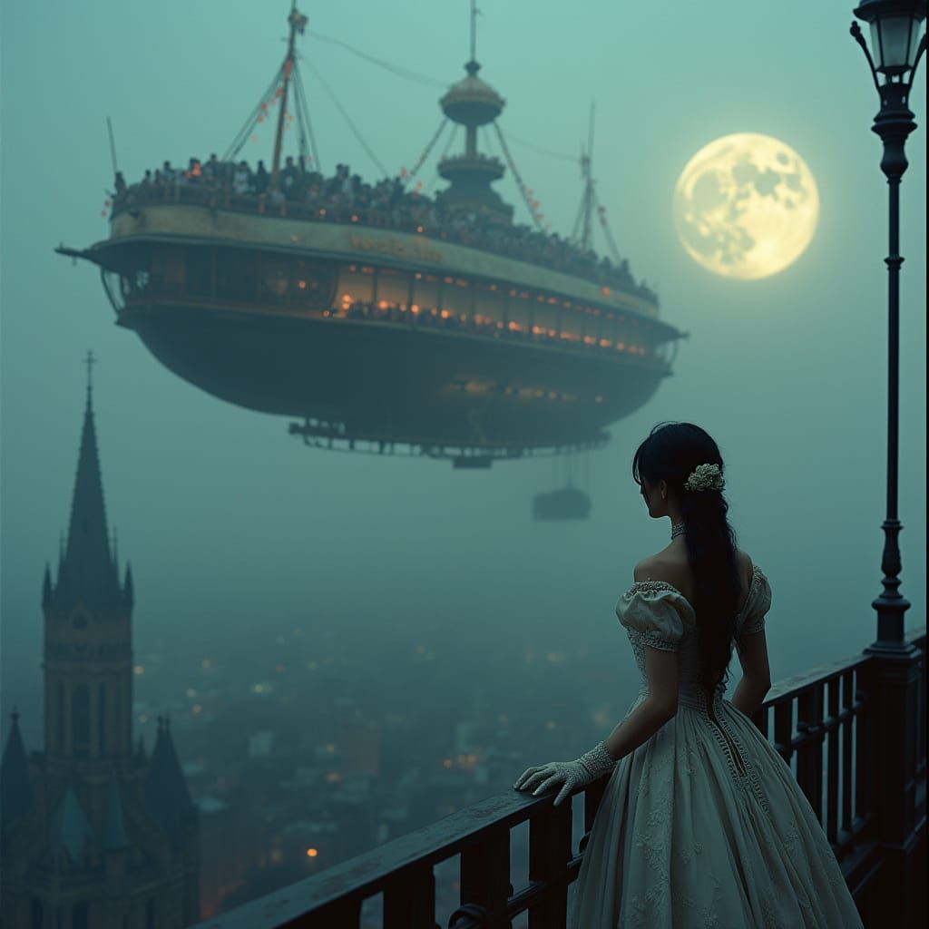 Victorian-Era Airship soars above Fog-Shrouded City in High-...
