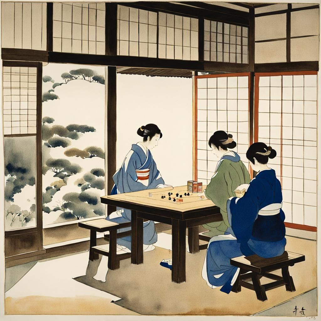 Vintage Card Game in Kyoto: Watercolor Painting