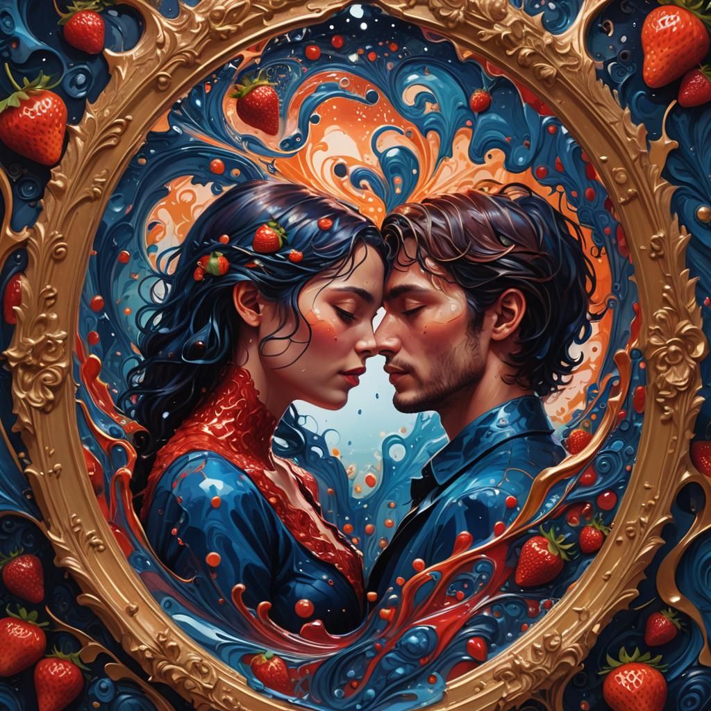 Romantic Couple in Strawberry Jam Mirror, Surreal Art