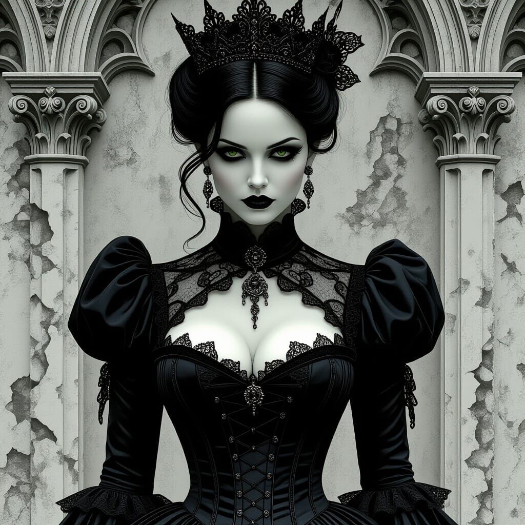 Gothic Queen Merges with Decaying Palace Architecture
