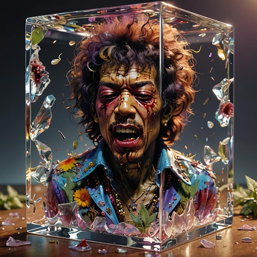 Zombie Jimi Hendrix in Glass Cube, 3D Rendering