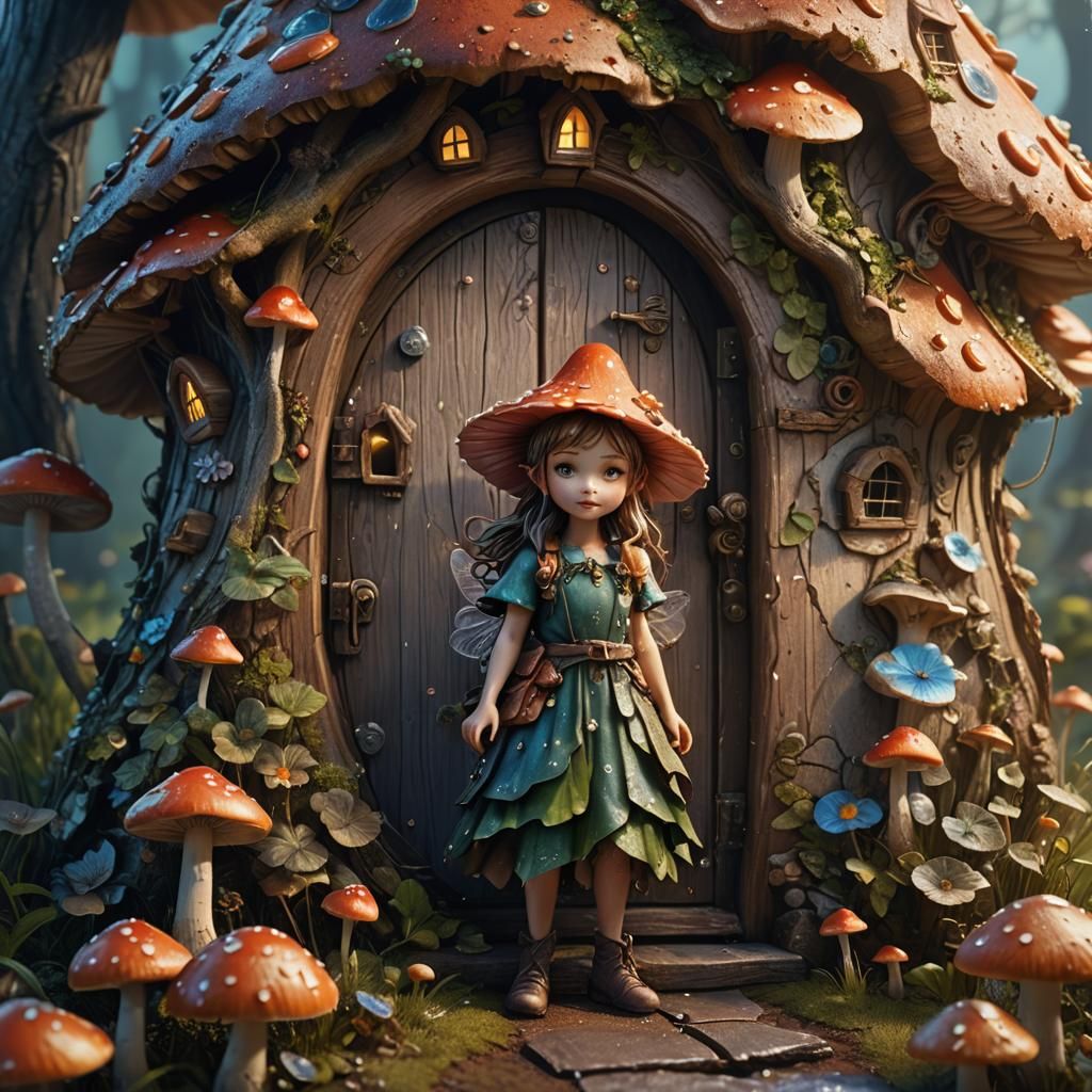 Fairy in Mushroom House: Macro Photography, Detailed Matte P...