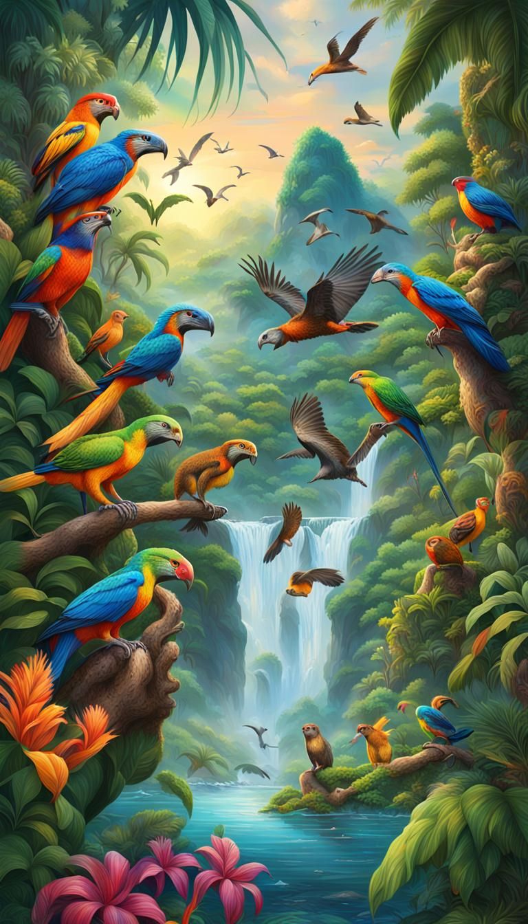 Lush Tropical Rainforest With Colorful Wildlife