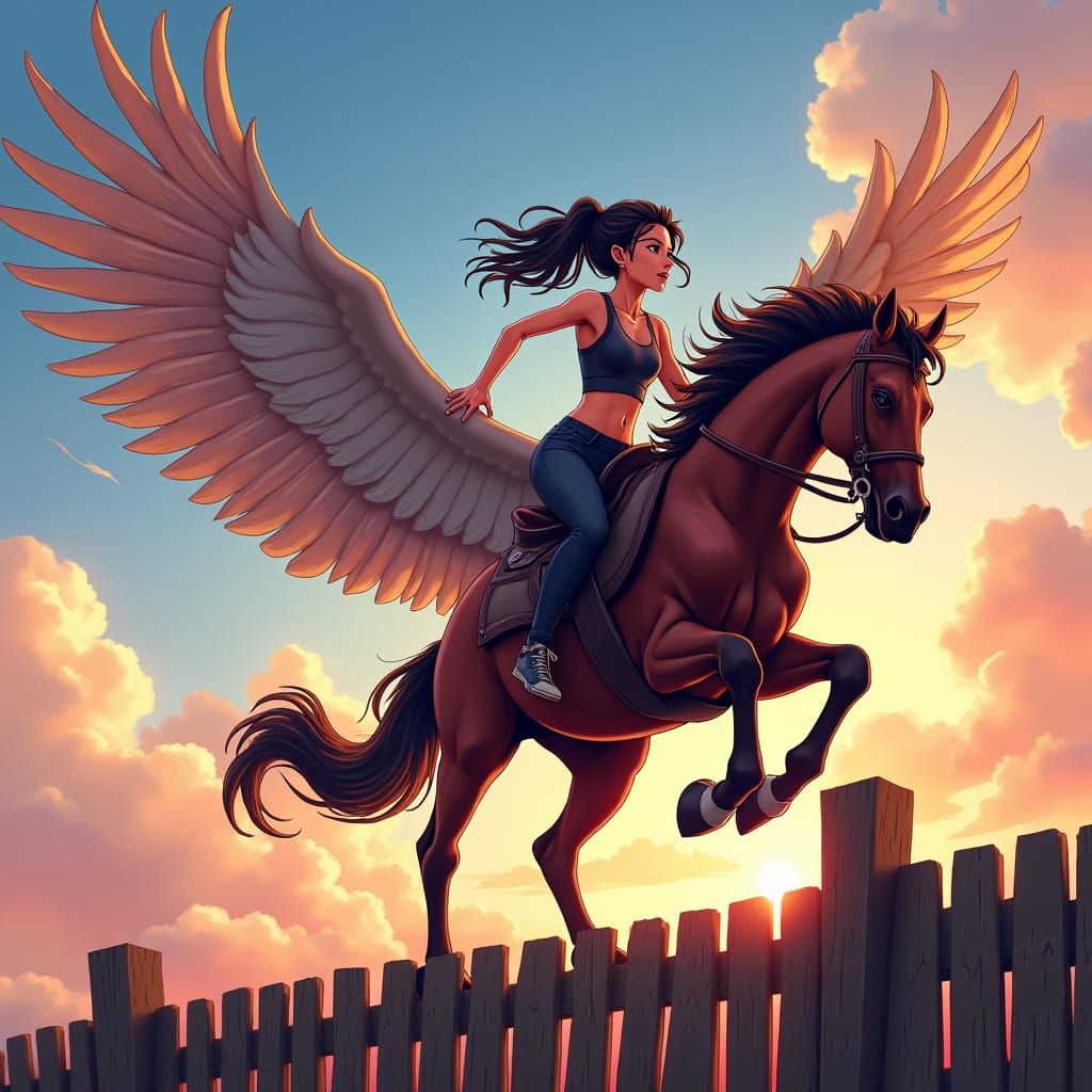 Winged Horse Jump in Anime Art Style