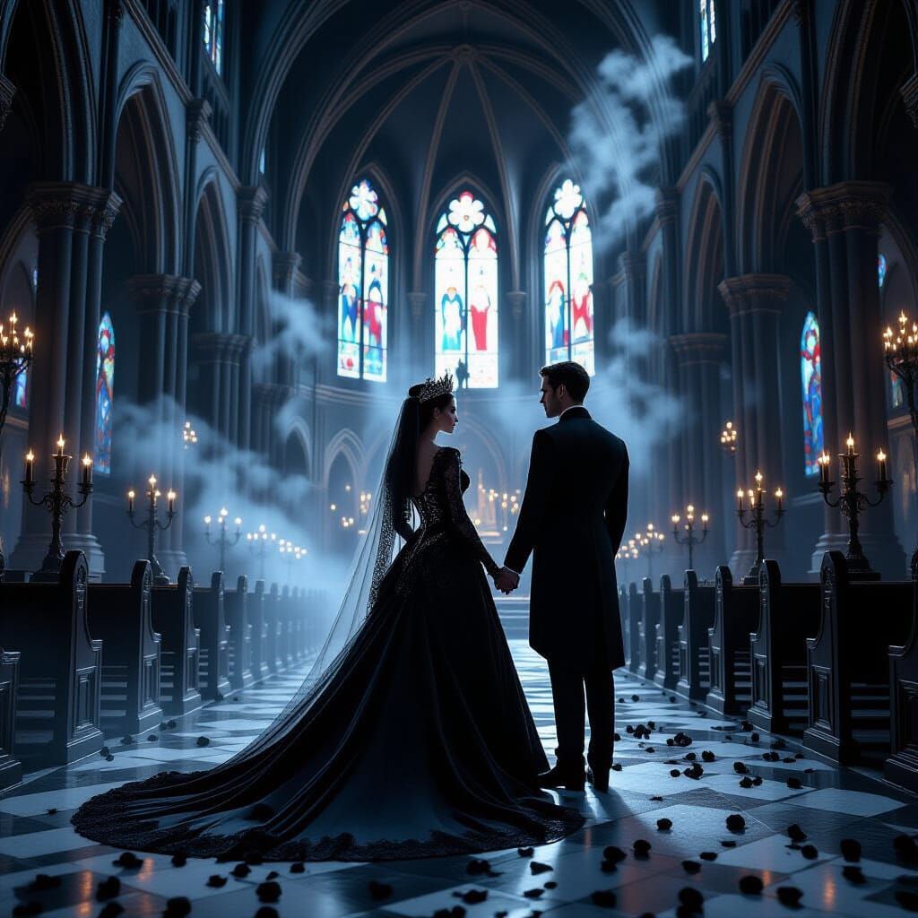 Gothic Wedding Scene in Decaying Cathedral