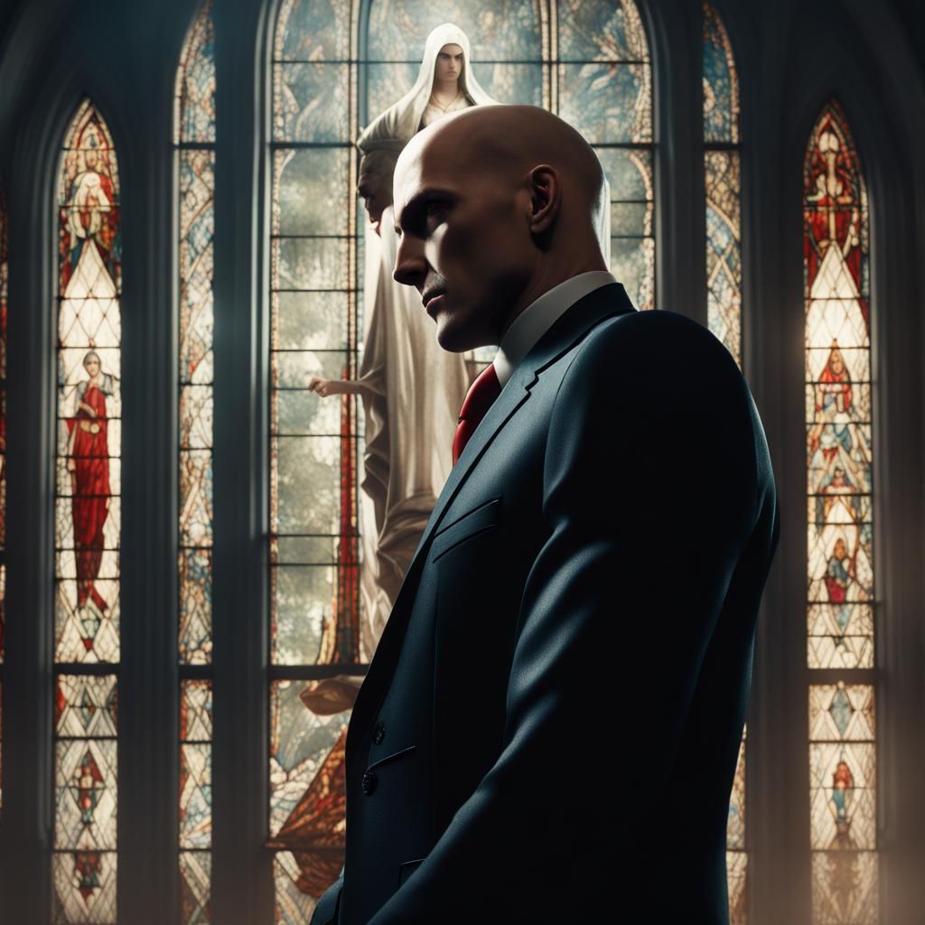 Agent 47 Close-Up Before Church Window