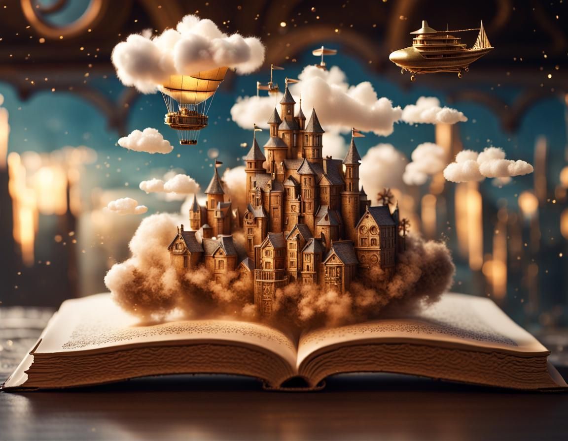 Steampunk Cloud Village Rising From Open Book