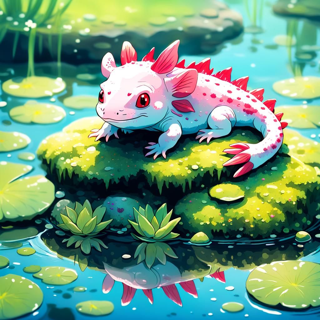 Whimsical Anime Axolotl with Water Lilies