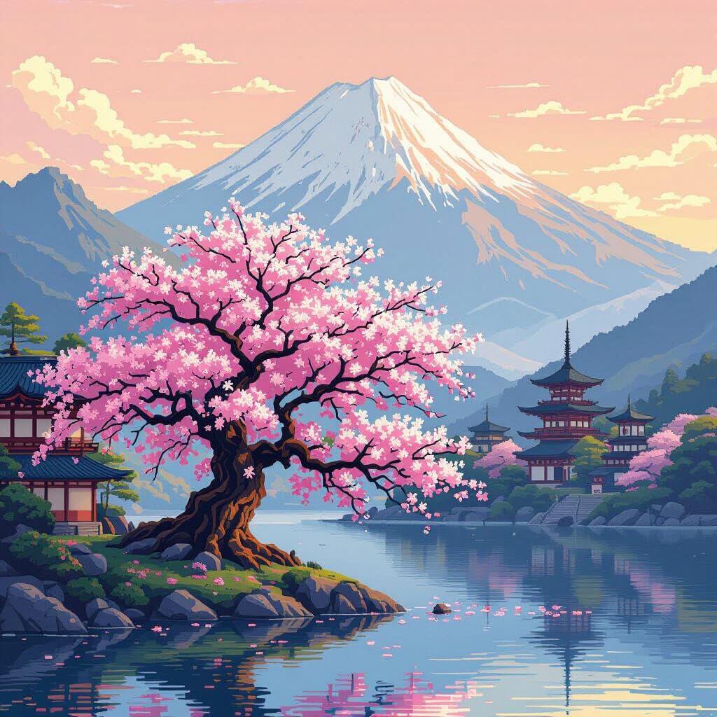 Pixel Art Sakura Tree with Japanese Temples
