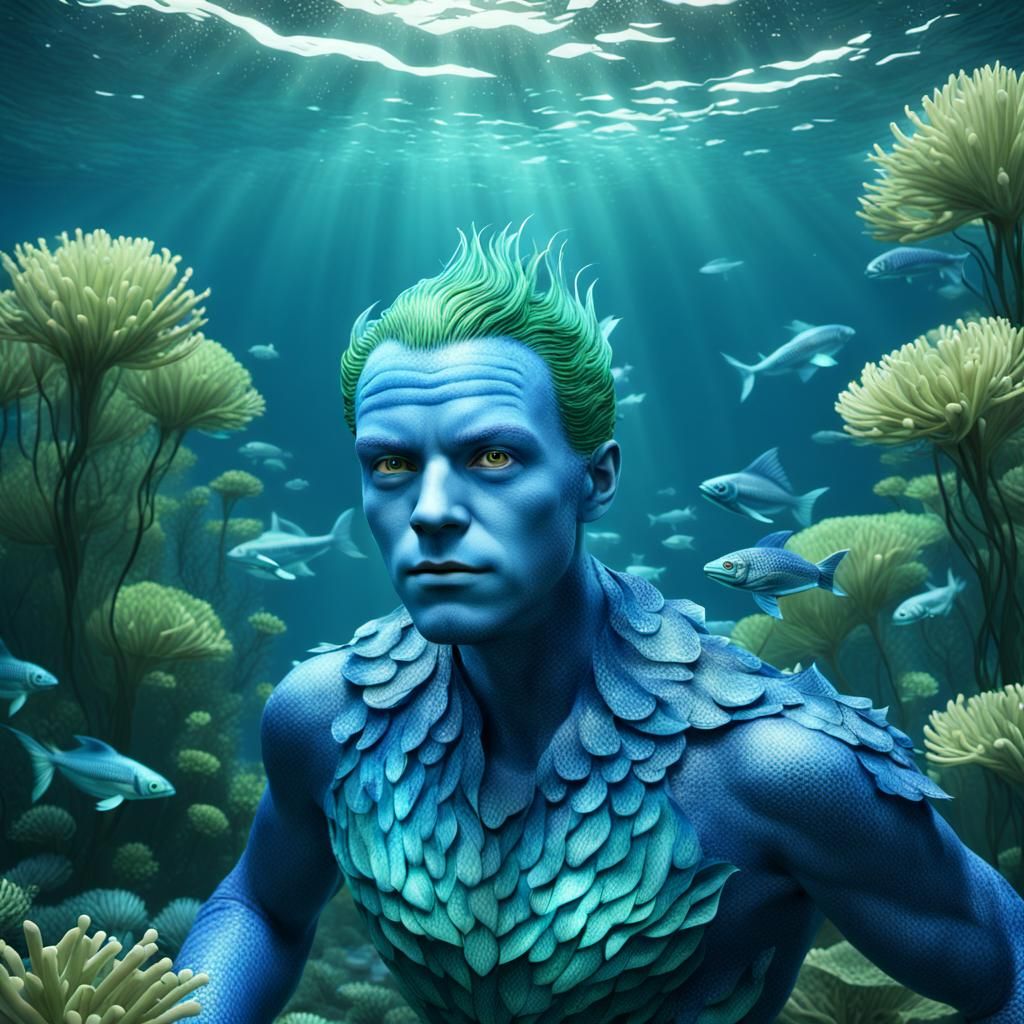 Blue Merman in Underwater Portrait with Fish