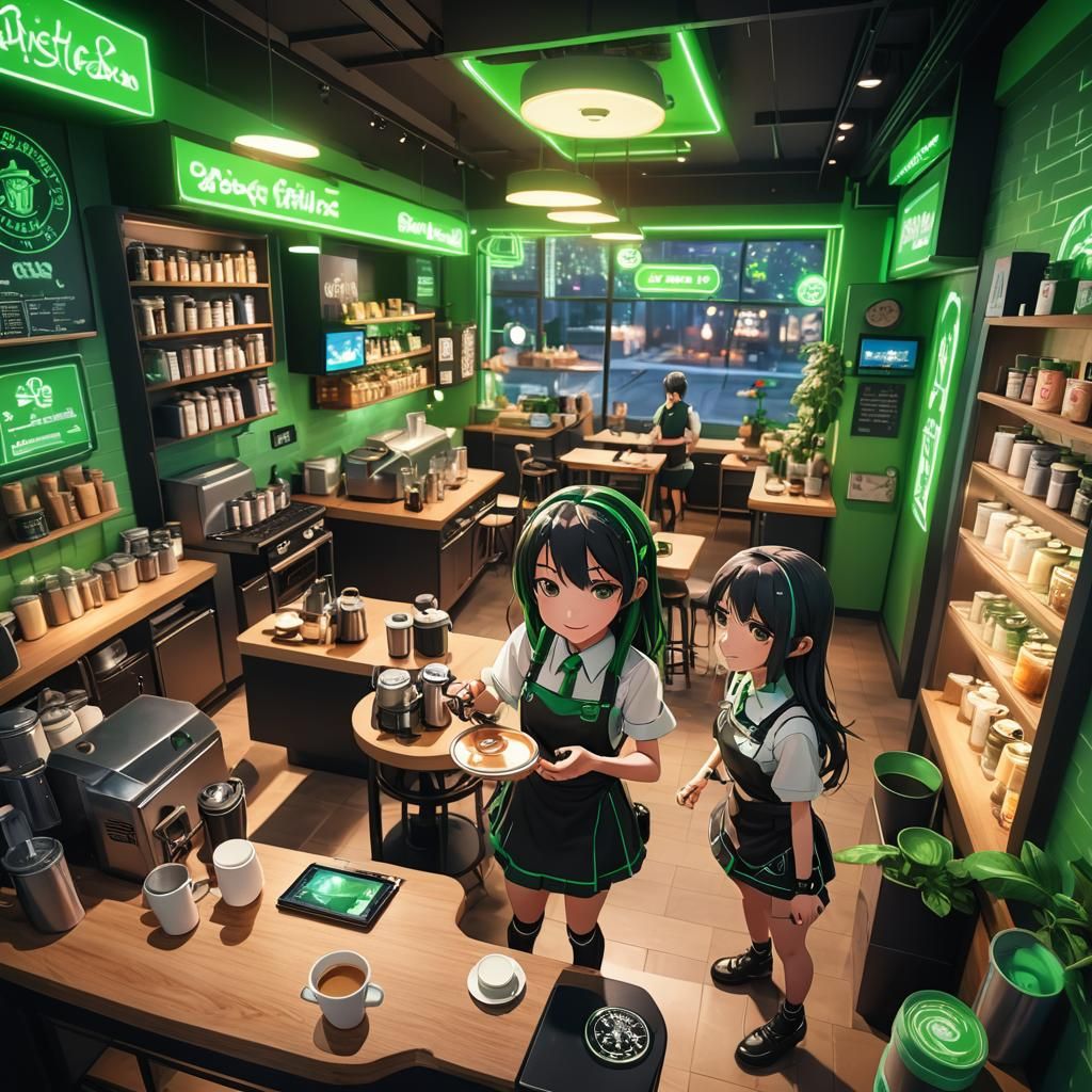 Anime Barista Girls in Starbucks: 3D Render