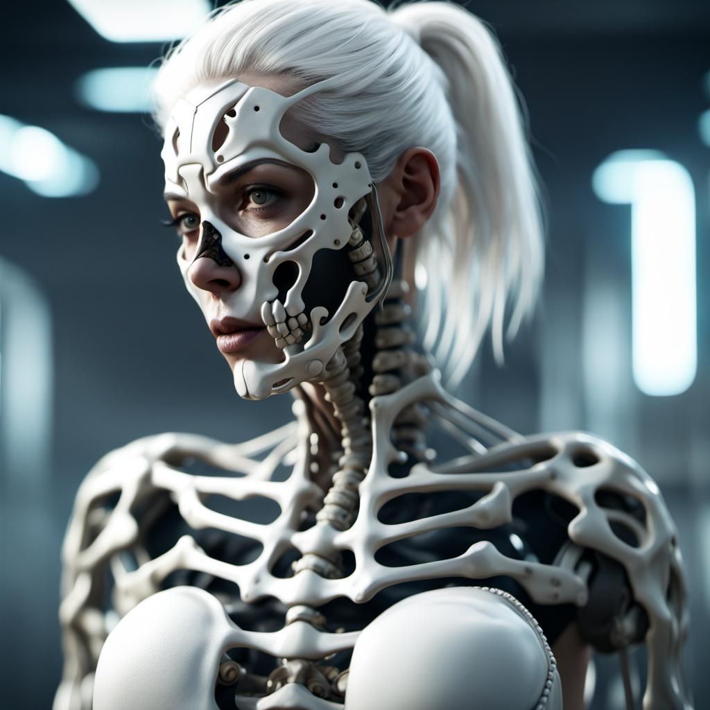 Woman with Bone and Mechanical Body in Hyperrealism