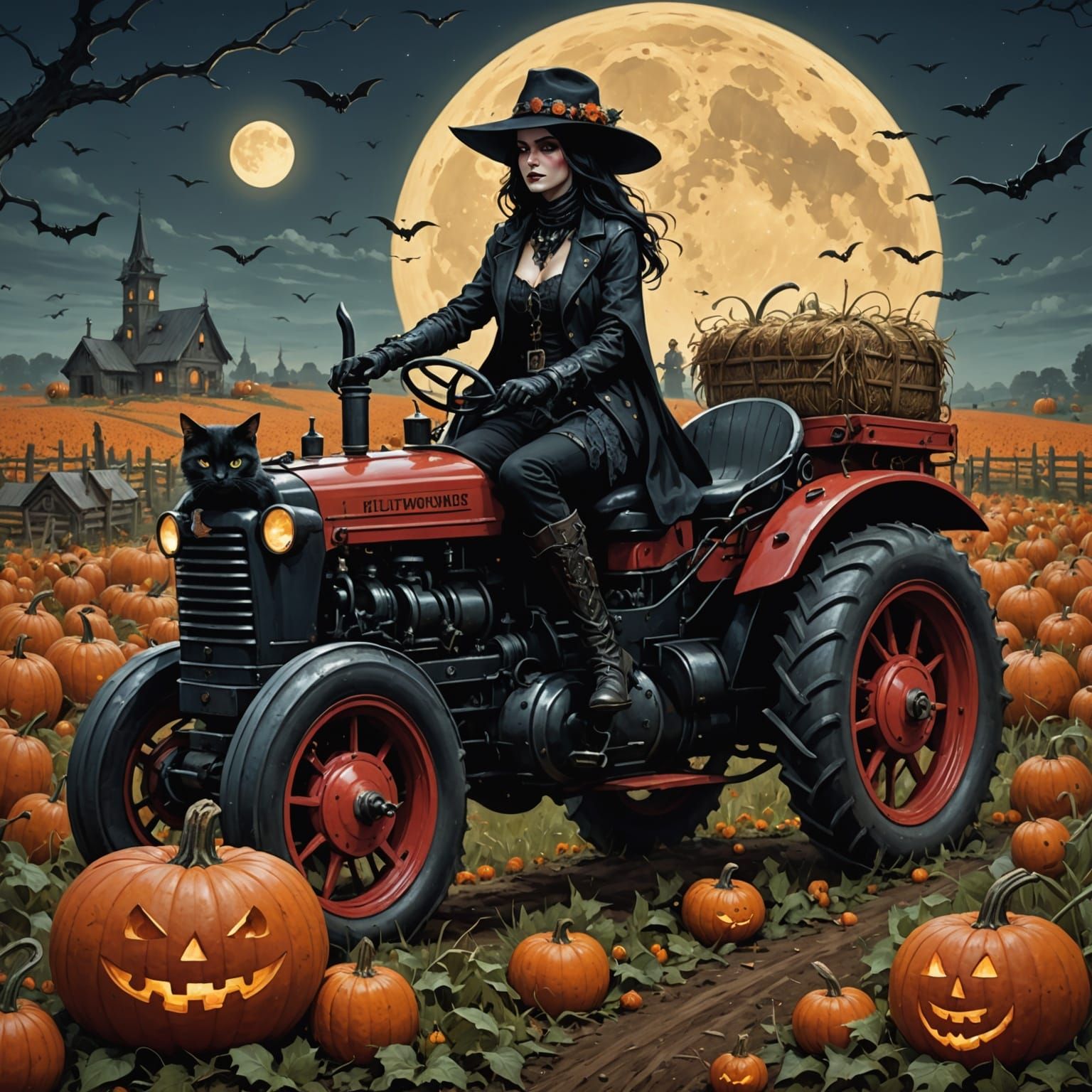 Goth Woman Rides Tractor Through Spooky Pumpkin Patch