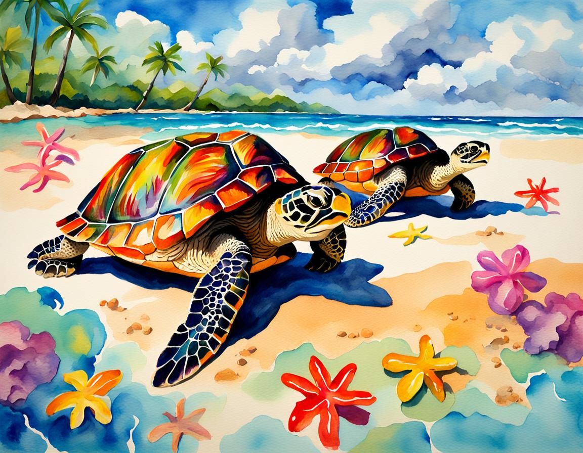 Hawaiian Turtles on Beach in Gouache Style