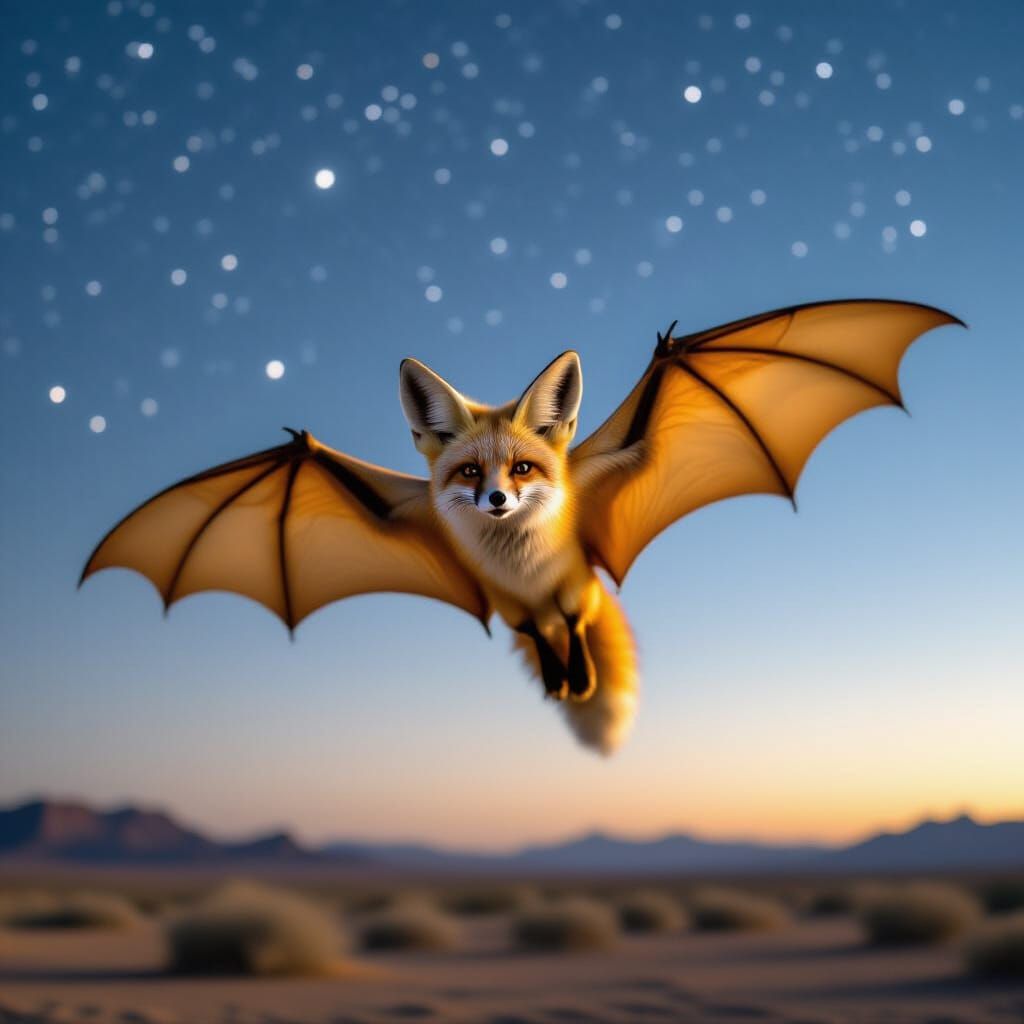 Moonlit silhouette of a Foxbat in mid-flight, fennec ears backlit by a full moon, leathery wings outstretched against a ...
