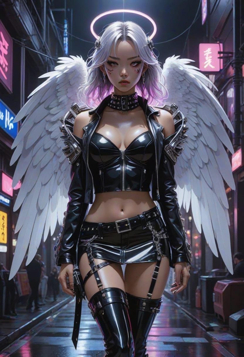 Dark Neon Fantasy Angelic Leader in Neon Hues and Black Leat...