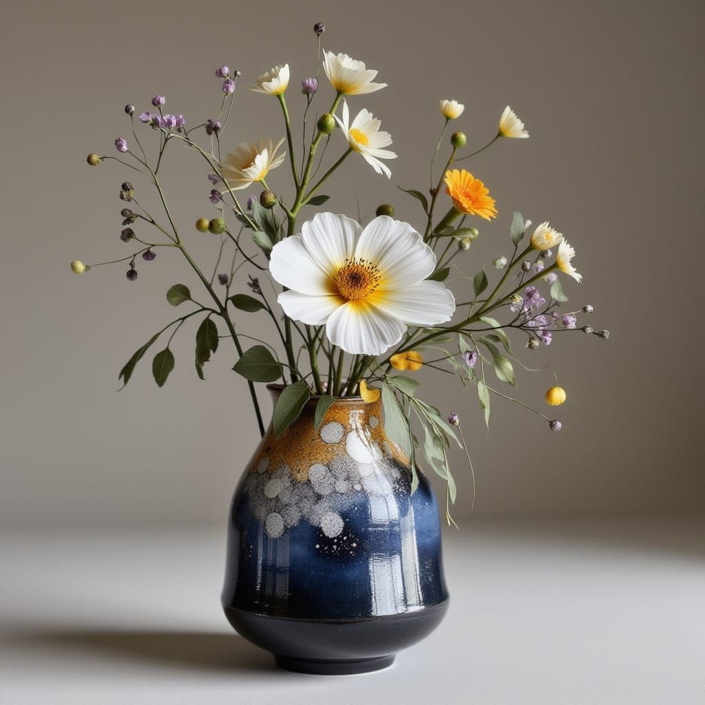Cosmos Flowers in a Glazed Vase