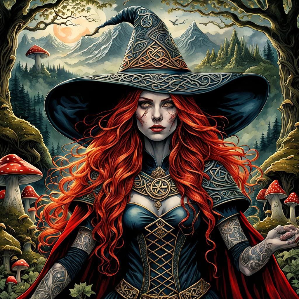 Majestic Celtic Witch in High Gothic Watercolor