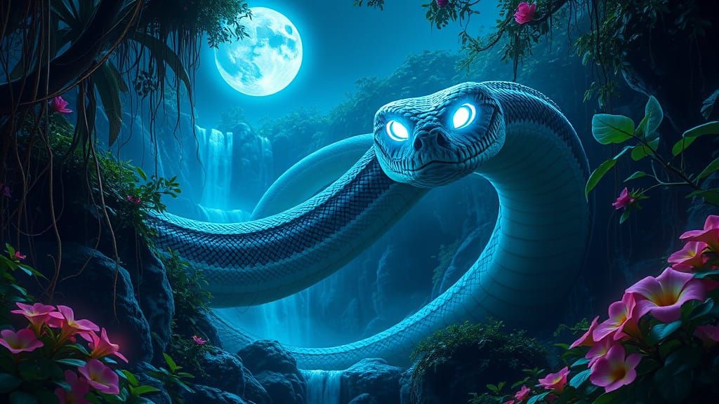 Surreal Moonlit Boa Constrictor Unfurls in Azure Forest