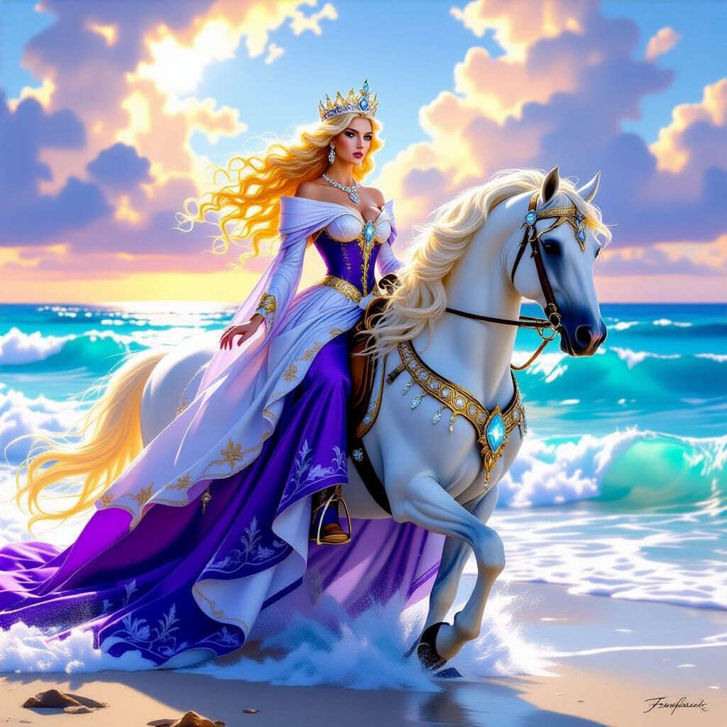 Majestic Ocean Queen on White Horse, Fantasy Art