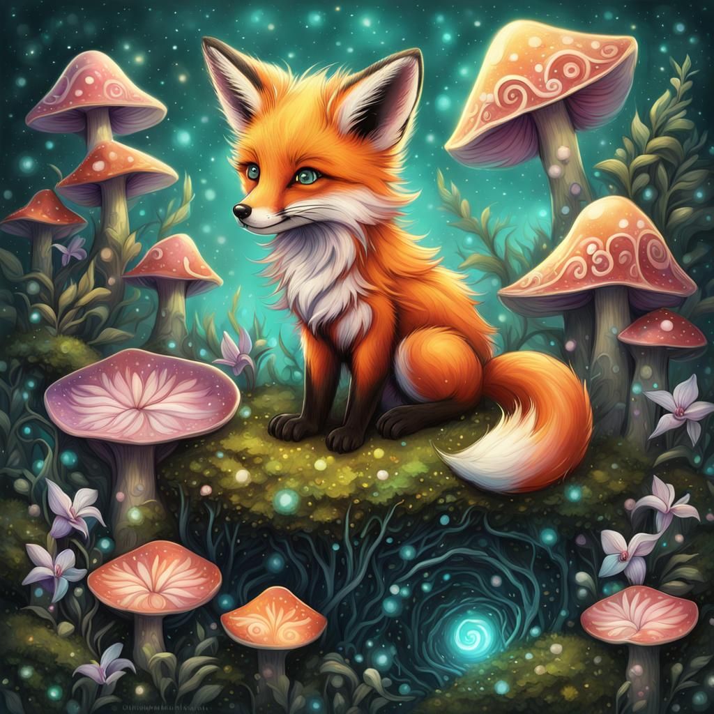 Pastel Fairy Fox with Magic Mushrooms, Digital Art