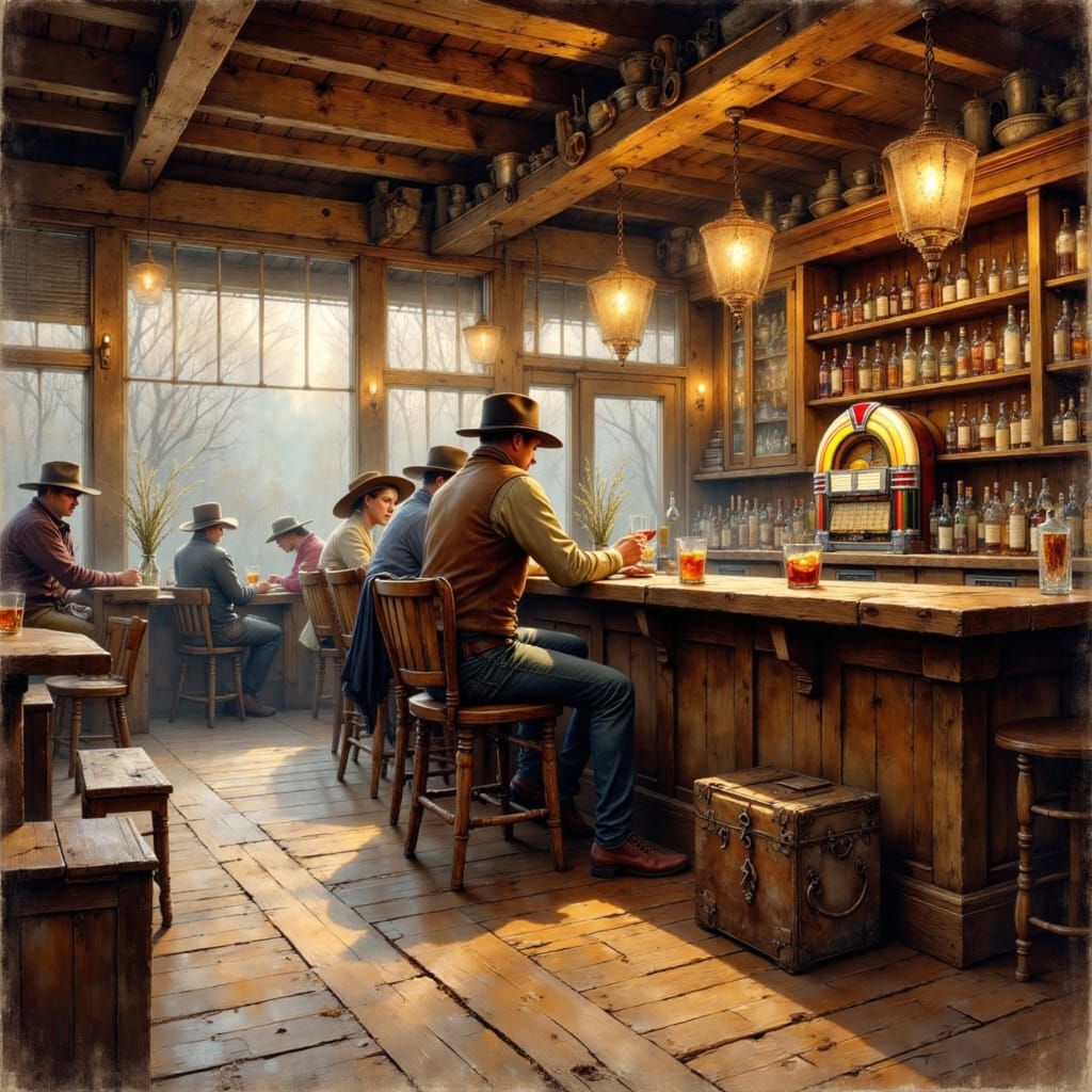 In the corner of the bar there stands a jukebox
With the best of country music, old and new.