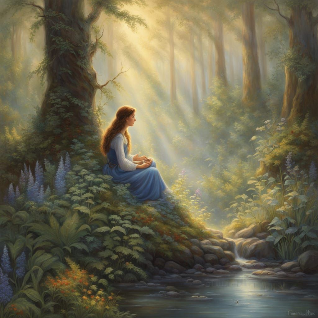 Ethereal Oil Painting of Serene Woman in Mystical Forest Gla...