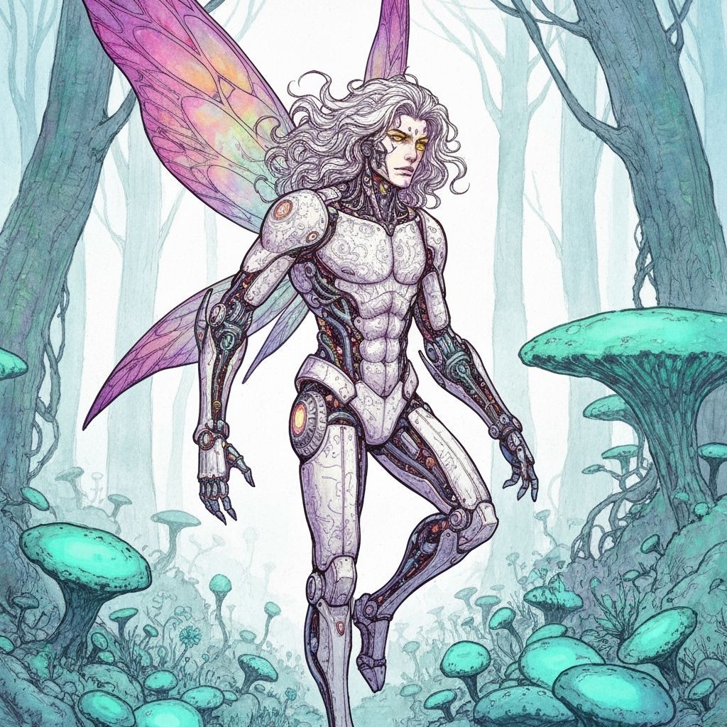 Cyborg Fairy in Bioluminescent Forest, Psychedelic Watercolo...