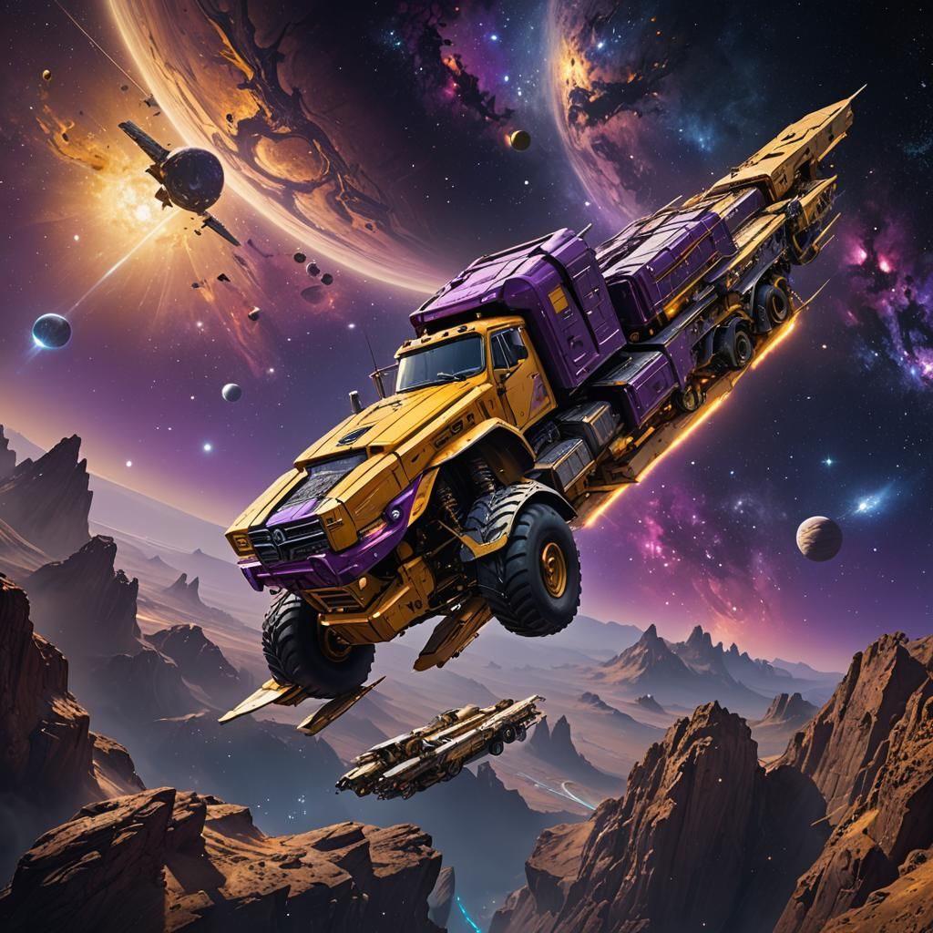 Lorry and Trailer Fly Through Outer Space