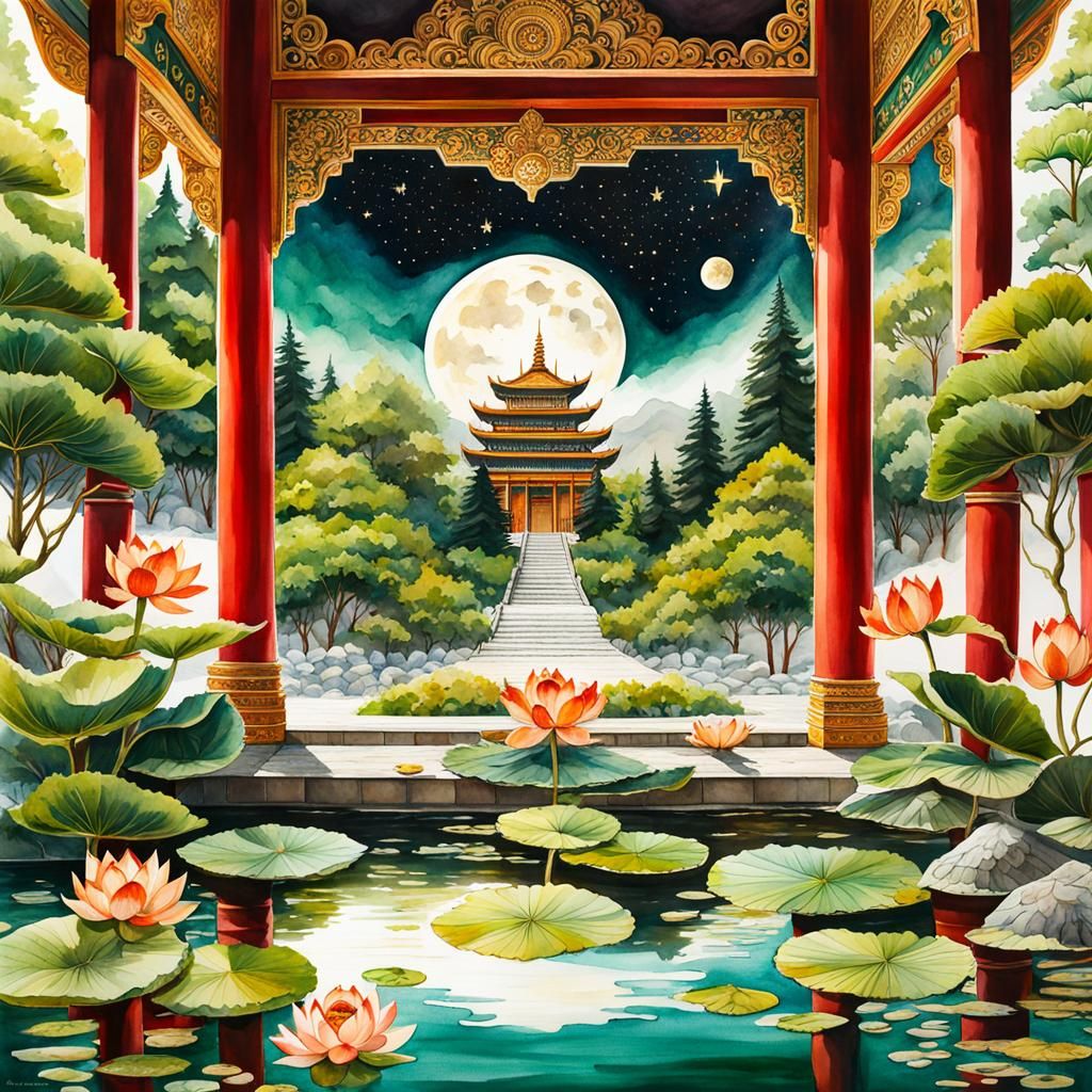 Tibetan Monastery Watercolor Painting with Lotus Pond