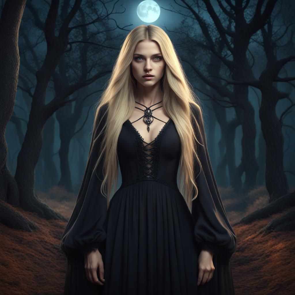 Young Witch in Woods on Halloween Night