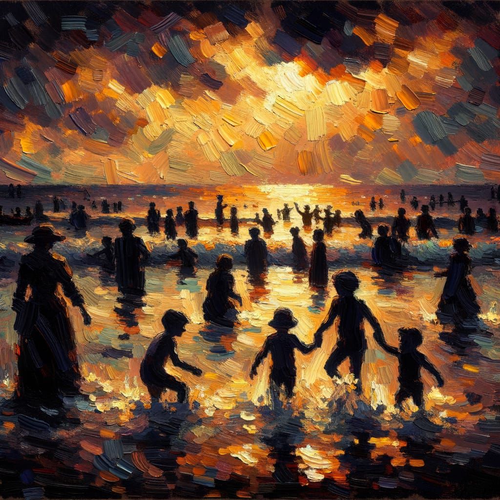 Children's Silhouettes Playing in Sea, Encaustic Painting St...