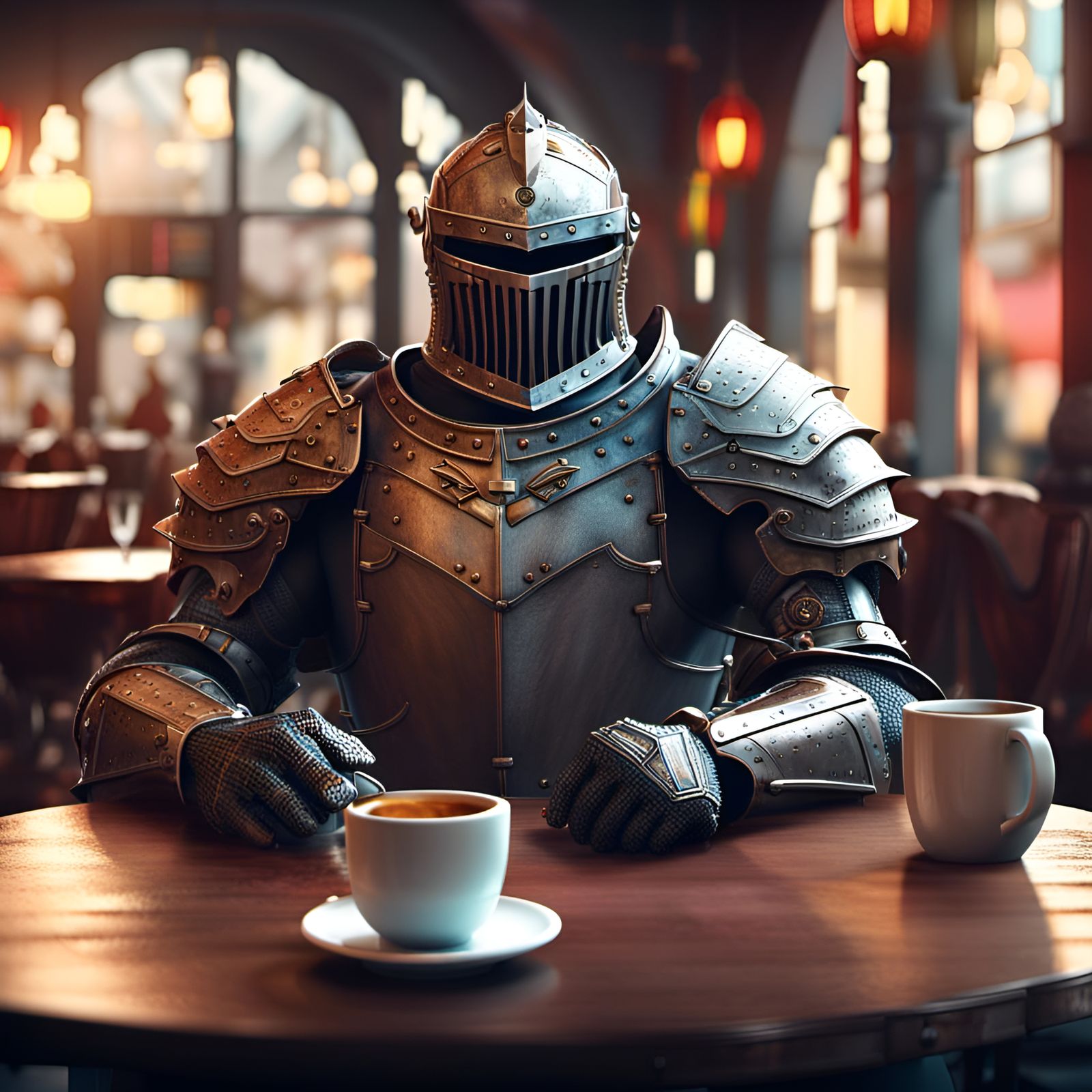 Armored Knight in Cafe: 3D Digital Art