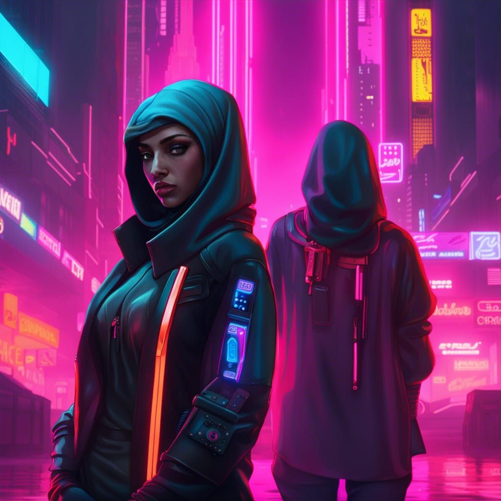 Cyberpunk Digital Hijab in Neon Cityscape