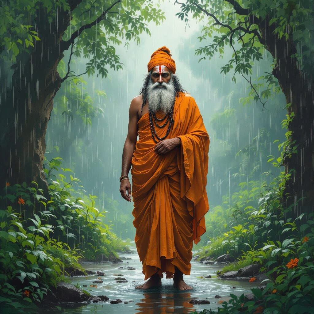 Serene Sadhu Baba in Rainy Forest, Classical Realism