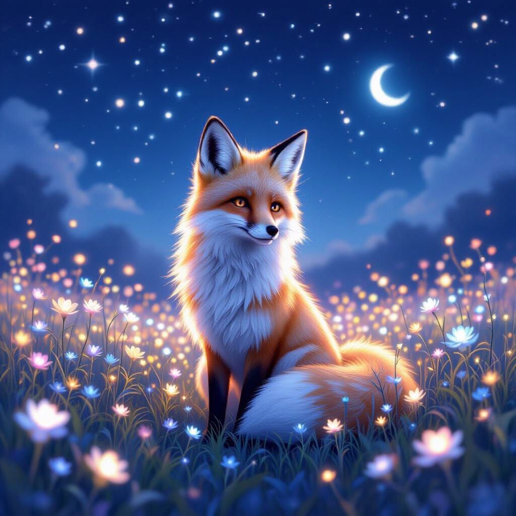 Whimsical Fox Under Starry Sky with Glowing Flowers