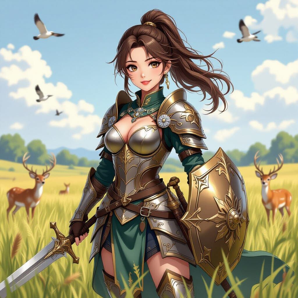 Anime Fantasy Warrior in Grassy Field Sketch