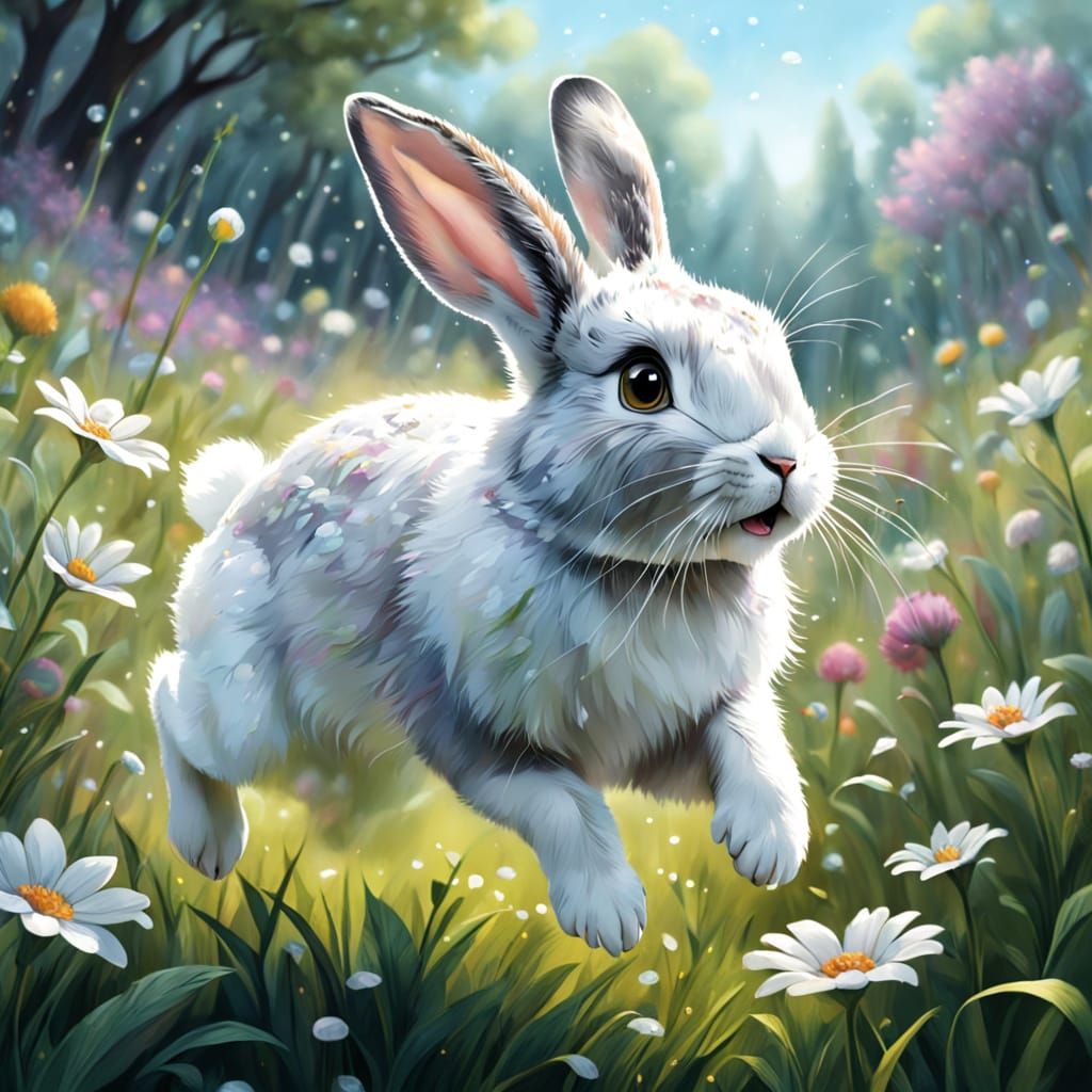 Whimsical Rabbit Leaping Through Magical Flower Meadow