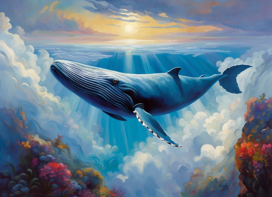Blue Whale Soars Above Clouds: An Oil Painting