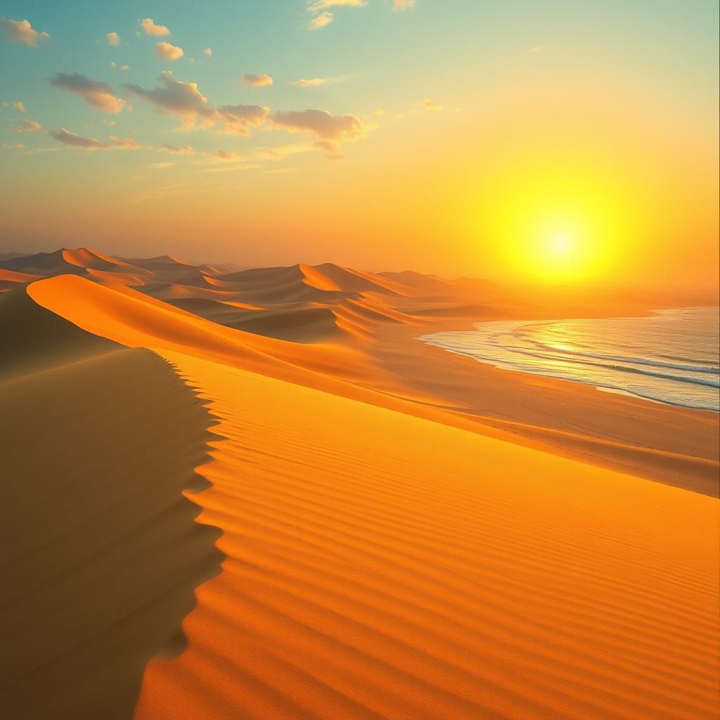 Glorious sunrise over giant sand dunes on empty beach