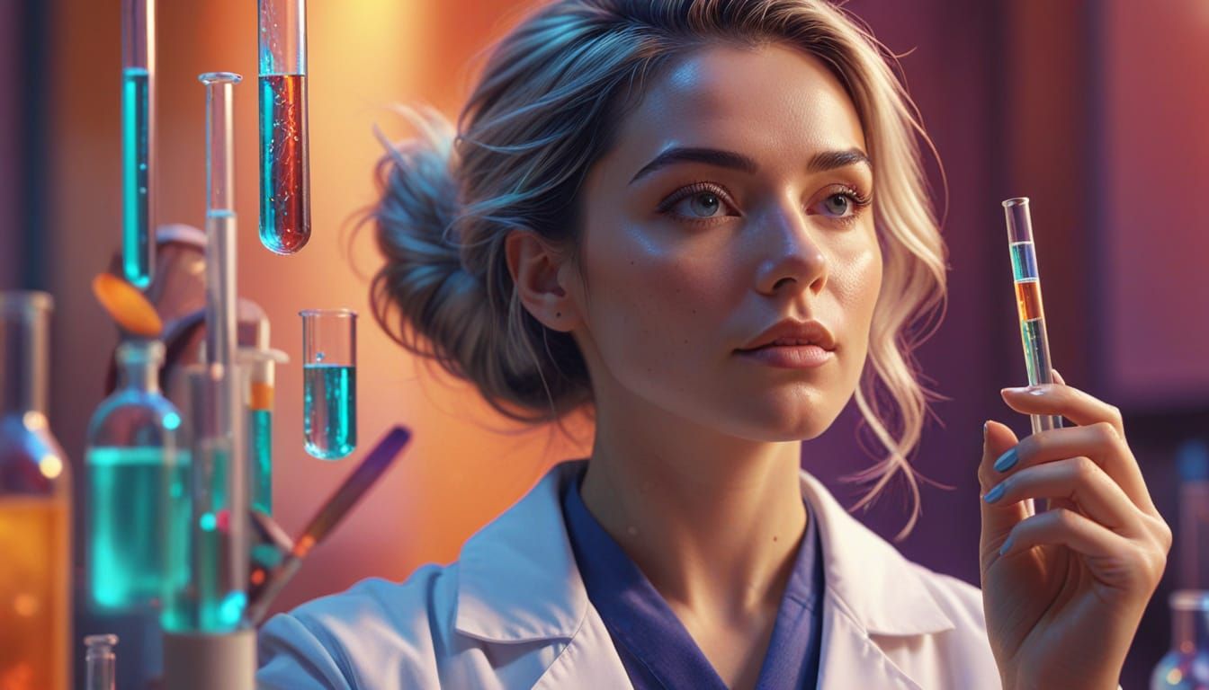 Woman Scientist in Lab Holding Test Tube - Vibrant Digital A...