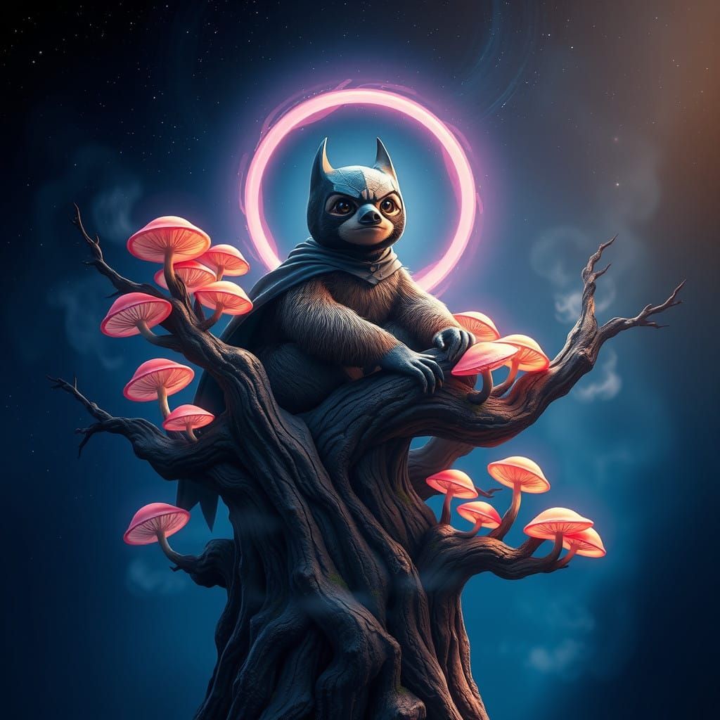 Majestic Sloth in Batman Cowl, Iridescent Aura, Starry Night...