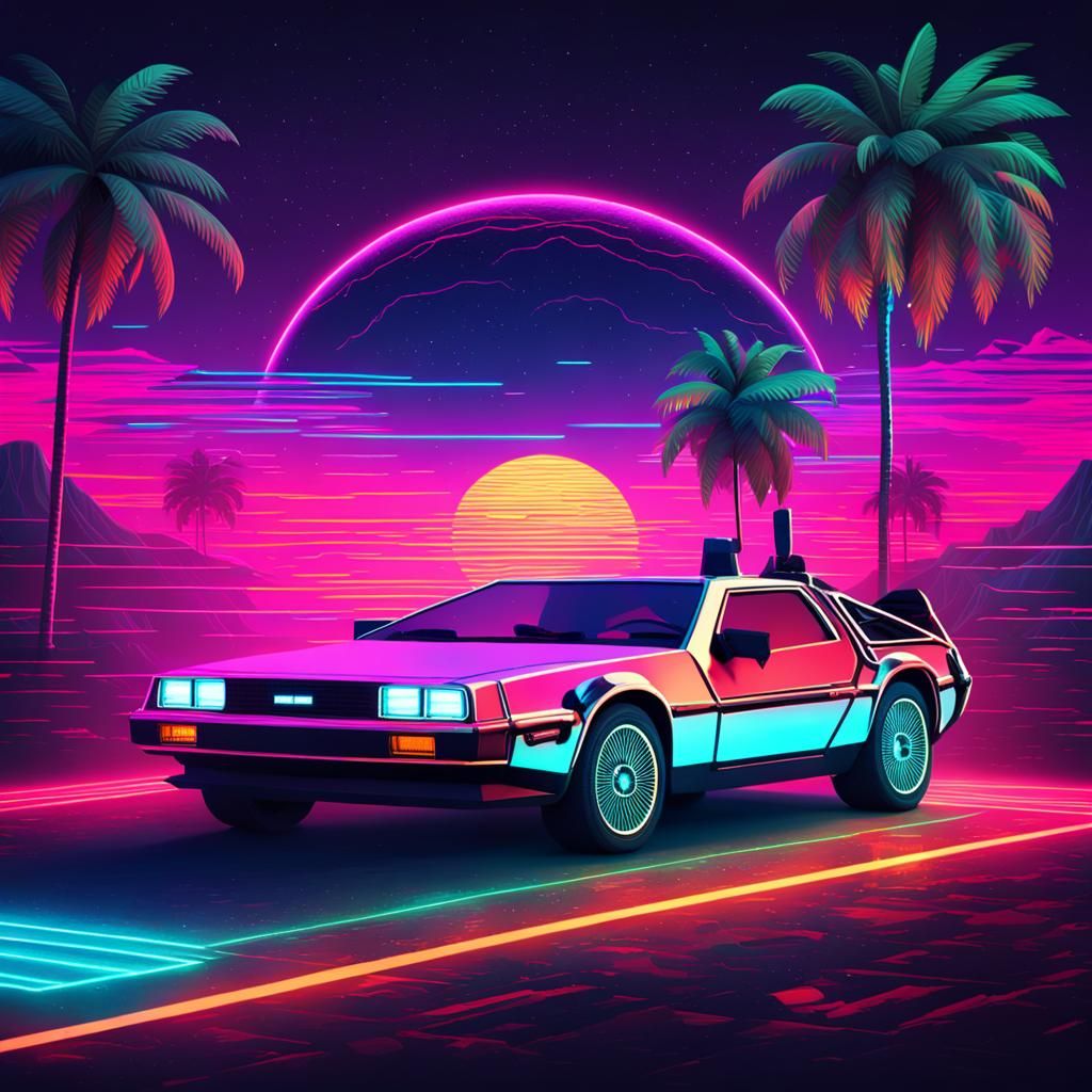 DeLorean Car in Synthwave Neon Retro Style