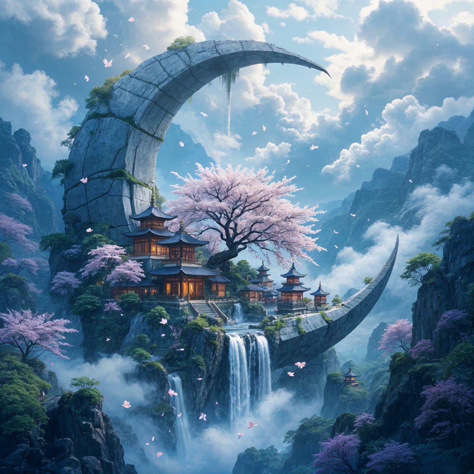 Hyperrealistic Japanese Village in Stone Crescent Moon